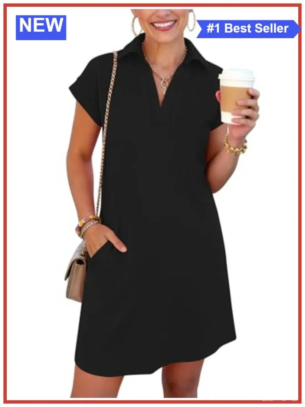 Women's Casual V Neck Mini Shirt Dress with Pockets Cap Sleeve Summer Vacation